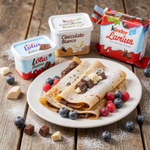 crema fondente, cioccolato bianco, lotus, kinder bueno e lamponi