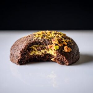 Close-up of a chocolate cookie with pistachio filling and topping, displayed on a reflective surface.